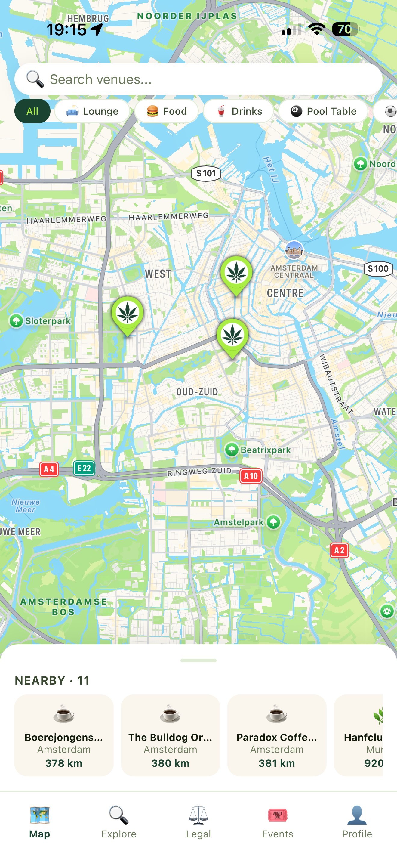 WeedScene app — map screen showing Amsterdam venues